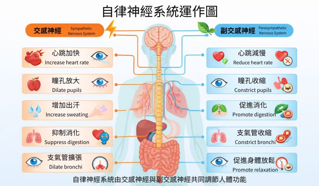 自律神經系統交感神經與副交感神經運作示意圖